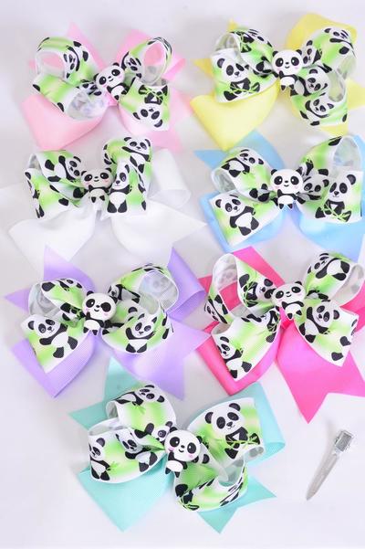 Hair Bow Jumbo Double Layered Panda Bear Charm Grosgrain Bow-tie Pastel / 12 pcs Bow = Dozen Alligator Clip , Size-6"x 6" Wide ,2 White ,2 Baby Pink ,2 Lavender ,2 Hot Pink ,2 Mint Green ,1 Blue ,1 Yellow Color Mix ,Clip Strip & UPC Code