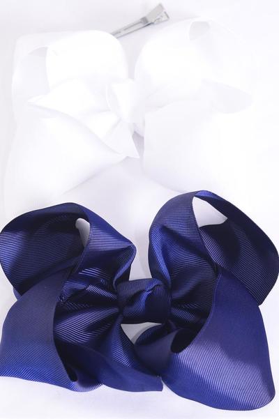 Hair Bow Jumbo Navy & White Mix 6"x 5" Grosgrain Fabric Bow-tie / 12 pcs Bow = Dozen Alligator Clip , Size - 6" x 5" Wide , 6 of each Color Asst , Clip Strip &UPC Code