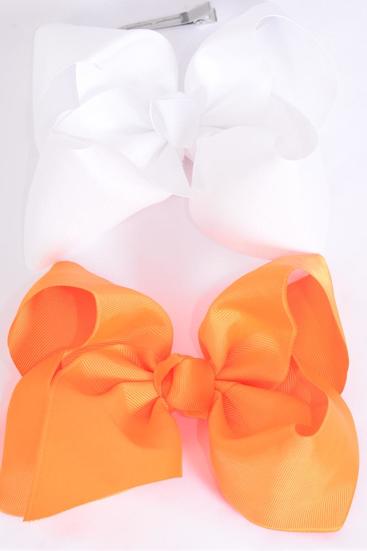 Hair Bow Extra Jumbo Cheer Type Bow Orange White Mix Grosgrain Bow-tie /12 pcs Bow = Dozen   Size-8"x 7" Wide , Alligator Clip , 6 Orange , 6 White Color Asst , Clip Strip & UPC Code