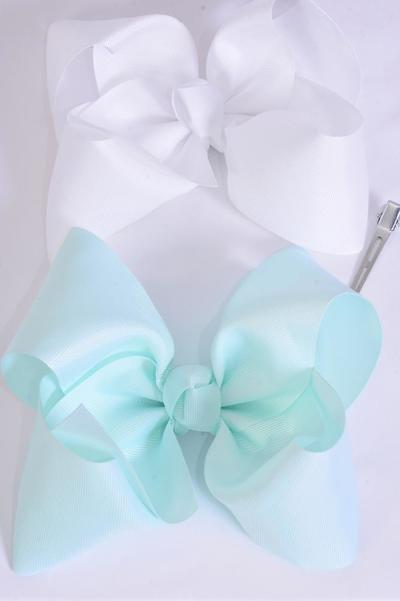 Hair Bow Extra Jumbo Cheer Type Bow Mint Green & White Mix Grosgrain Bow-tie /12 pcs Bow = Dozen  Alligator Clip , Size-8"x 7" Wide , 6 Mint Green , 6 White Color Asst , Clip Strip & UPC Code