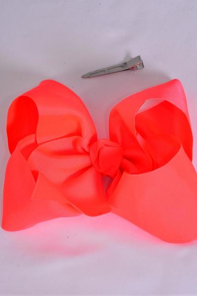 Hair Bow Extra Jumbo Cheer Type Bow Neon Orange Grosgrain Bow-tie / 12 pcs Bow = Dozen  Neon Orange , Alligator Clip , Size - 8" x 7" Wide , Clip Strip and UPC Code
