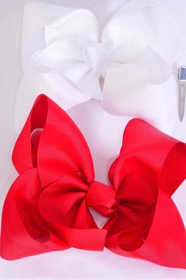 Hair Bow Extra Jumbo Cheer Type Bow Red White Mix Grosgrain Bow-tie / 12 pcs Bow = Dozen Alligator Clip , Size - 8"x 7" Wide , 6 Red , 6 White Asst , Clip Strip & UPC Code