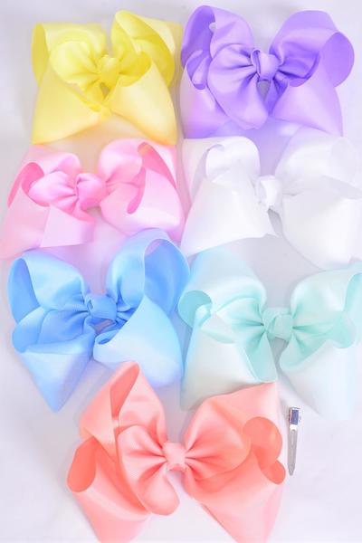 Hair Bow Jumbo Pastel Grosgrain Bow-tie / 12 pcs Bow = Dozen Alligator Clip , Size - 6" x 5" Wide , 2 White , 2 Baby Pink , 2 Lavender , 2 Blue , 2 Yellow , 1 Peach , 1 Mint Color Asst , Clip Strip and UPC Code