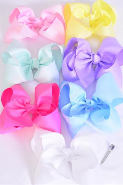 Hair Bow Extra Jumbo Cheer Type Bow Pastel Grosgrain Bow-tie / 12 pcs Bow = Dozen  Alligator Clip , Size-8"x 7" Wide ,2 White ,2 Yellow ,2 Blue ,2 Baby Pink ,2 Lavender ,1 Hot Pink ,1 Mint Green Color Asst ,Clip Strip & UPC Code