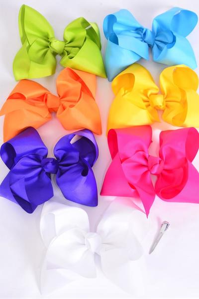 Hair Bow Extra Jumbo Cheer Type Bow Citrus Grosgrain Bow-tie /12 pcs Bow = Dozen Size-8"x 7" Wide , Alligator Clip ,2 Fuchsia ,2 Blue ,2 Yellow ,2 Purple ,2 White ,1 Lime ,1 Orange Color Mix ,Clip Strip & UPC Code