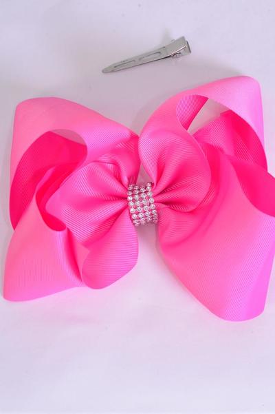 Hair Bow Jumbo Center Clear Stones Hot Pink Grosgrain Bow-tie / 12 pcs Bow = Dozen  Alligator Clip , Bow-6"x 5", Clip Strip & UPC Code
