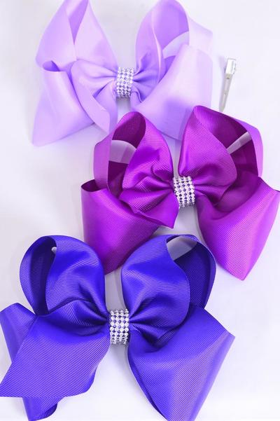 Hair Bow Jumbo Center Clear Stones Purple Mix Grosgrain Bow-tie / 12 pcs Bow = Dozen Alligator Clip , Bow-6"x 5" Wide , 4 Purple , 4 Violet , Laventer Color Asst , Clip Strip & UPC Code