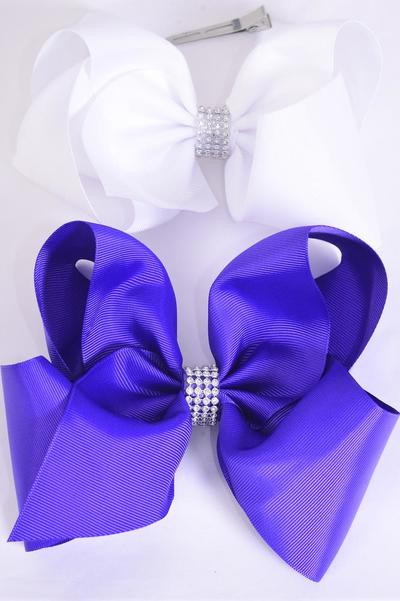 Hair Bow Jumbo Center Clear Stones Purple & White Mix Grosgrain Bow-tie / 12 pcs Bow = Dozen Alligator Clip , Bow-6"x 5" Wide , 6 Purple , 6 White Color Asst , Clip Strip & UPC Code