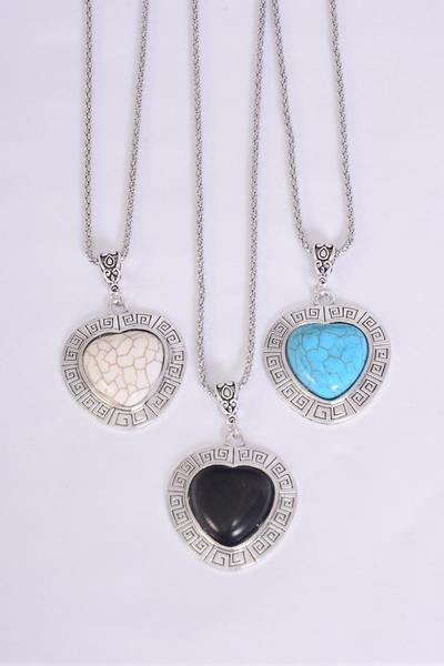 Necklace Silver Chain Metal Antique Heart Semiprecious Stone / 12 pcs = Dozen match 02932 25639 Pendant - 1.5" x 1.25" Wide , Chain-18" Extension Chain , 4 Ivory , 4 Black , 4 Turquoise Asst , Hang Tag & OPP Bag & UPC Code