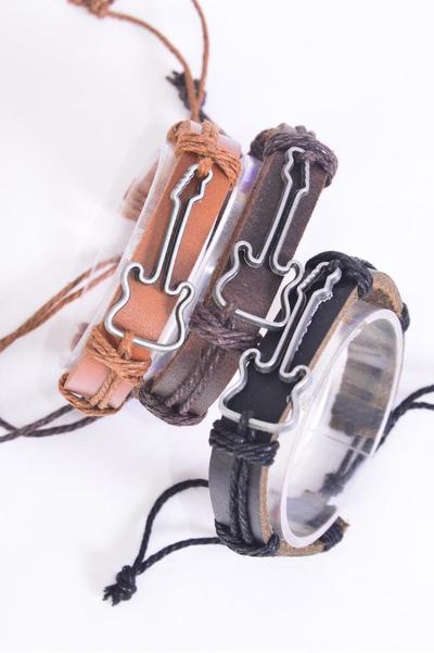 Bracelet Real Leather Sideways Guitar / 12 pcs = Dozen Unisex , Adjustable , 4 of each Pattern Mix , Individual Hang tag & OPP Bag & UPC Code