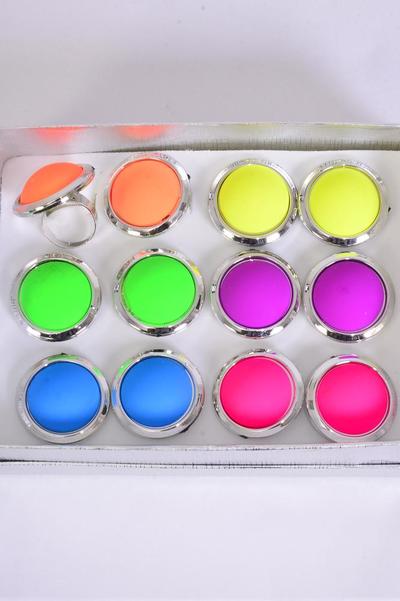 Rings Acrylic Round Caribbean Neon Color Asst / 12 pcs = Dozen Adjustable , Face Size - 1.25" Wide , 2 of each Color Asst ,1 DZ Velvet Ring Display Box,  OPP Bag UPC Code