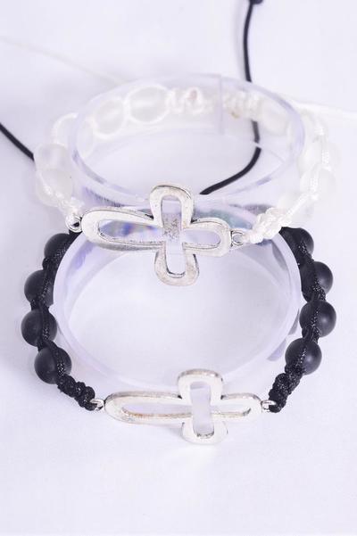 Bracelet Sideways Cross 10 mm Black Glass Beads / 12 pcs = Dozen  Adjustable , 6 Black , 6 White Asst , Hang Tag & OPP Bag & UPC Code