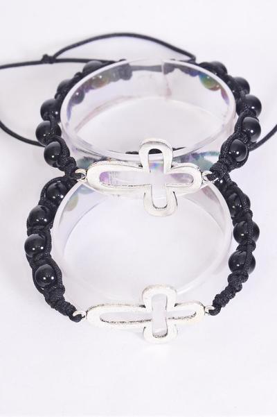Bracelet Sideways Cross 10 mm Black Glass Beads / 12 pcs = Dozen Adjustable , Hang Tag & OPP Bag & UPC Code