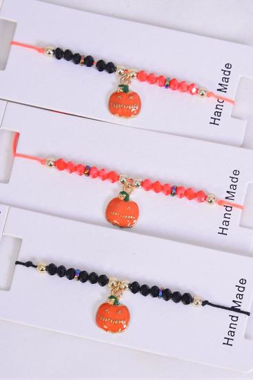 Bracelet Pumpkin Happy Halloween /  12 pcs = Dozen Pull-String , Adjustable , 4 of each Color Mix , Individual Hang tag & OPP Bag & UPC Code