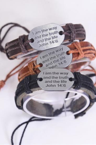 Bracelet Real Leather Band I am the way and the truth and the life / 12 pcs = Dozen Unisex , Adjustable , 4 of each Color Mix , Hang tag & OPP Bag & UPC Code