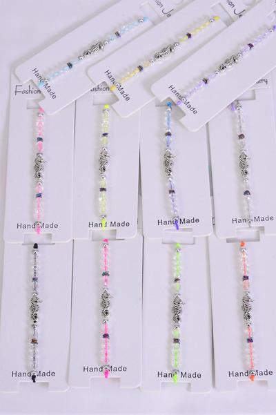 Bracelet Seahorse Glass Crystal Multi / 12 pcs = Dozen   Pull-String , Adjustable , 12 Pattern Mix , Individual Hang tag & OPP Bag & UPC Code