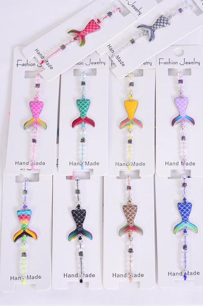Bracelet Mermaid Tail Enamel Multi / 12 pcs = Dozen  match 00073 Pull-String , Adjustable , 12 Pattern Mix , Individual Hang Tag & OPP Bag & UPC Code