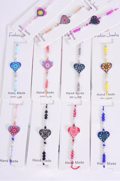Bracelet Enamel Hearts Flower Power Multi / 12 pcs = Dozen Pull-String , Adjustable , 12 Pattern Mix , Individual Hang tag & OPP Bag & UPC Code