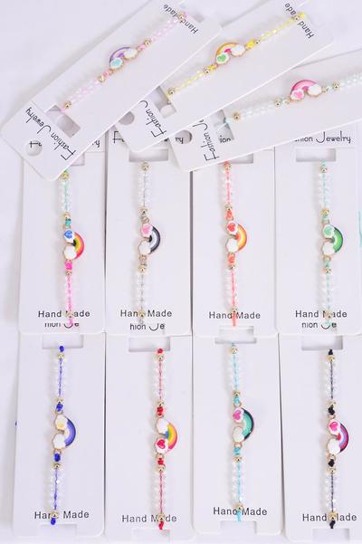 Bracelet Enamel Happy Rainbow Multi / 12 pcs = Dozen  Pull-String , Adjustable , 12 Color Mix , Individual Hang tag & OPP Bag & UPC Code