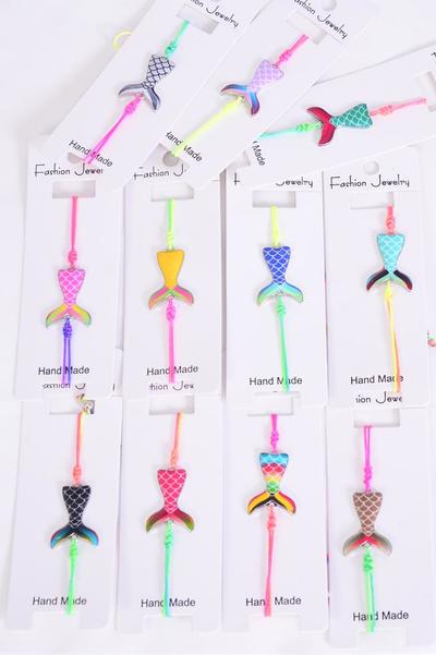 Bracelet Mermaid Tail Enamel Gradient Tiedye Strings Multi / 12 pcs = Dozen match 00073 Pull String , Adjustable , 12 Pattern Asst , Individual Hang tag & OPP Bag & UPC Code
