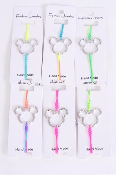 Bracelet Mouse Ear Silver Tiedye Strings Multi / 12 pcs = Dozen Face Size-1" x 1" Wide , Pull-String , Adjustable , Individual Hang tag & OPP Bag & UPC Code