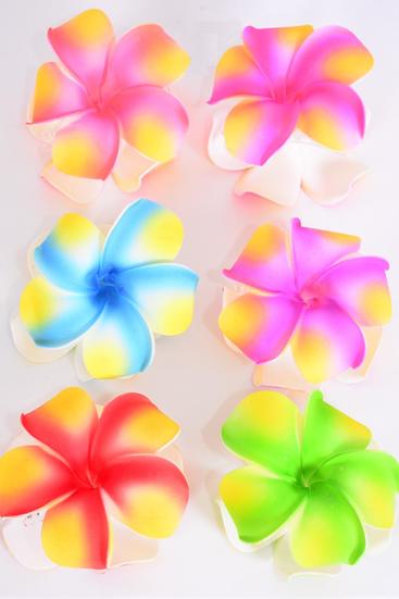 Flower Jaw Clip Large Aloha Multi / 12 pcs = Dozen Flower Size - 4" Wide , 2 of each Color Asst , Hang Tag and UPC Code , Clear Box