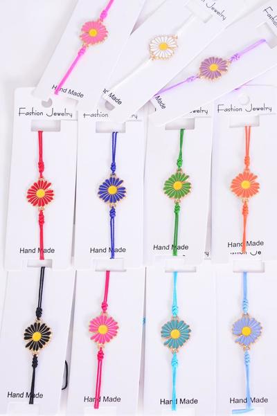 Bracelet Daisy Enamel Flower Tiedye Strings Multi / 12 pcs = Dozen Match 00087  Pull String , Adjustable , 1 of each Color Asst , 12 Colors Mix , Individual Hang tag & OPP Bag & UPC Code
