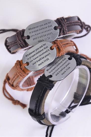 Bracelet Real Leather Band whatever you ask for in prayer  believe..../ 12 pcs = Dozen  Unisex , Adjustable , 4 of each Color Mix , Hang tag & OPP Bag & UPC Code