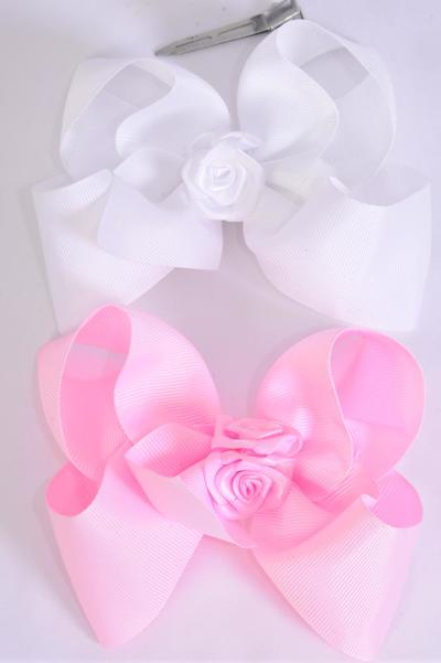Hair Bow Jumbo Center Satin Roses Grosgrain Bow-tie Pink White Mix / 12 pcs Bow = Dozen Alligator Clip , Size - 6" x 5" Wide , 6 Pink , 6 White Color Asst , Clip Strip & UPC Code