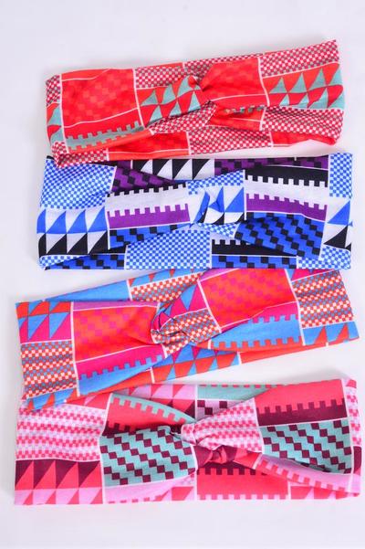 Headband Twisted Knot Cotton Stretch Aztec / 12 pcs = Dozen Stretch , Weith-2.5" Wide , 3  of each Pattern Asst , Hang Tag & OPP Bag & UPC Code