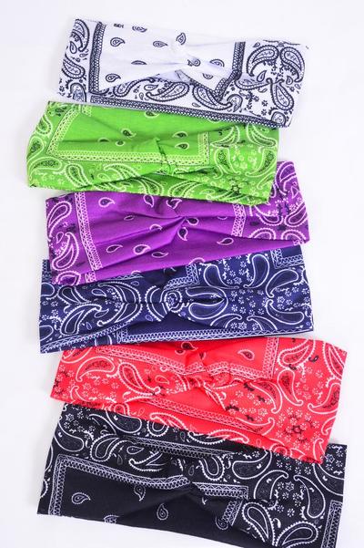 Headband Twisted Knot Cotton Stretch Bandana Paisley Pattern Mix / 12 pcs = Dozen Stretch , Weith-2.5" Wide , 2 of each Color Asst , Hang Tag & OPP Bag & UPC Code