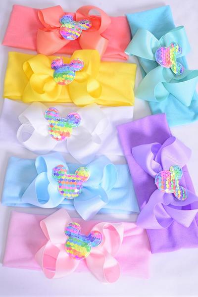 Headband Cotton Stretch Sequin Rainbow Mouse Ear  Charm Grosgrain Bow-tie Pastel / 12 pcs = Dozen Stretch , Width -2.5" Wide , Bow - 5" x 5" Wide , 2 White , 2 Pink , 2 Blue , 2 Purple , 2 Yellow , 1 Peach , 1 Mint Color Mix , Hang Tag & UPC Code