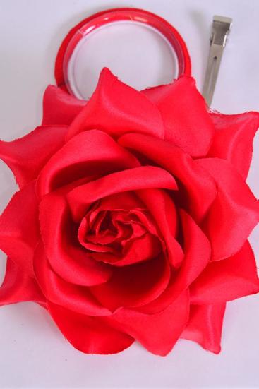 Flower Silk Rose Jumbo Red / 12 pcs Flower = Dozen Size - 5.5" Wide , Alligator Clip & Brooch & Elastic , Hang Tag & UPC Code , W Clear Box