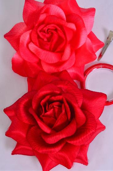 Flower Silk Flower Tea-Rose Jumbo Red Mix / 12 pcs Flower = Dozen Red Mix , Size - 6" Wide , Alligator Clip & Brooch & Elastic Pony , 6 Hot Red , 6 Poppy Red Mix , Hang Tag & UPC Code , W Clear Box