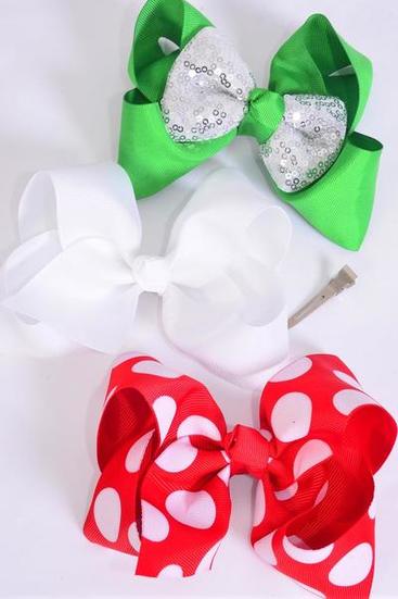 Hair Bow Jumbo Christmas Bow-tie Red White Green Mix Grosgrain Bow-tie / 12 pcs Bow = Dozen Alligator Clip , Size-6"x 5" Wide , 4 of each Pattern Asst , Clip Strip & UPC Code