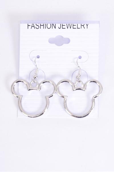 Earrings Metal Mouse Ear Silver / 12 pair = Dozen  Fish Hook , Face Size-1.15" Wide , Earring Card & OPP Bag & UPC Code
