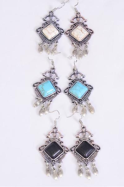 Earrings Metal Antique Dangles Semiprecious Stone / 12 pair = Dozen Fish Hook , Size - 1.5" x 1" Wide , 4 Black , 4 Ivory , 4 Turquoise Asst , Earring Card & OPP Bag & UPC Code