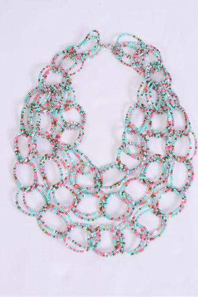 Necklace Layered All Handmade Bohemian Circle Beads/PC **Pastel** Size-24" Long ,Display Card & OPP Bag & UPC Code