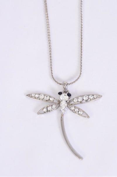 Necklace Dragonfly Rhinestones / PC  Pendant Size - 2" x 2" Wide , Chain 24" w Extension Chain , Display Card & OPP Bag & UPC Code