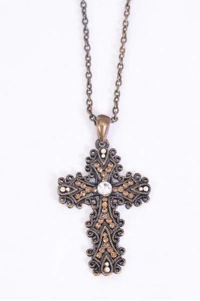 Necklace Antique Filigree Rhinestone Cross/PC Cross Size-2"x 1.5" Wide , 24" Chain , Hang Tag & OPP Bag , Choose Colors
