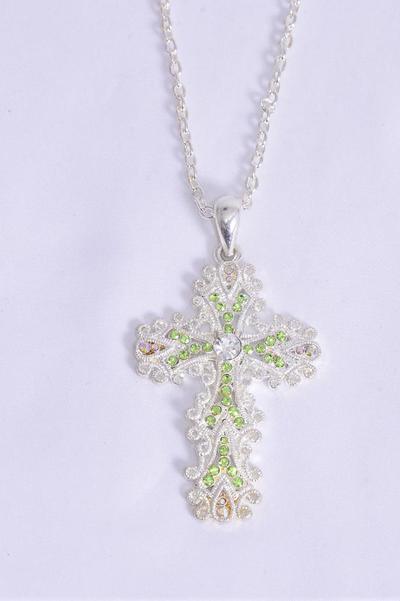 Necklace Cross Filigree Rhinestones/PC Cross Size-2"x 1.5" Wide,24'' Chain,Hang Tag & OPP Bag & UPC Code,Choose Colors