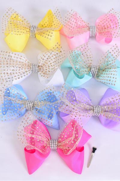 Hair Bow Jumbo Double Layered Mesh Gold Glitter Grosgrain Bow-tie Pastel / 12 pcs Bow = Dozen Alligator Clip , Size - 6" x 5" Wide , 2 White , 2 Baby Pink , 2 Lavender , 2 Blue , 2 Yellow , 1 Hot Pink ,1 Mint Green  Asst , Clip Strip & UPC Code