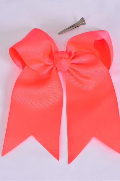 Hair Bow Extra Jumbo Long Tail Cheer Type Bow Neon Orange Grosgrain Bow-tie / 12 pcs Bow = Dozen  Neon Orange , Alligator Clip , Size - 6.5" x 6" Wide , Clip Strip & UPC Code
