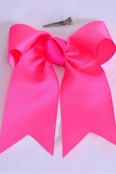 Hair Bow Extra Jumbo Long Tail Cheer Type Bow Neon Pink Grosgrain Bow-tie / 12 pcs Bow = Dozen  Neon Pink , Alligator Clip , Size - 6.5" x 6" Wide , Clip Strip and UPC Code