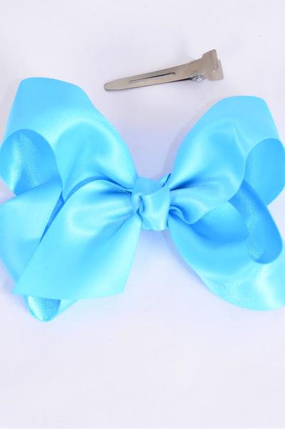 Hair Bow Large Satin Turquoise Bow-tie / 12 pcs = Dozen  Turquoise , Alligator Clip , Size-4"x 3" Wide , Clip Strip & UPC Code