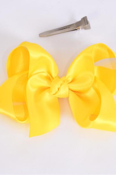 Hair Bow Large Satin Yellow Bow-tie / 12 pcs = Dozen  Yellow , Alligator Clip , Size-4"x 3" Wide , Clip Strip & UPC Code