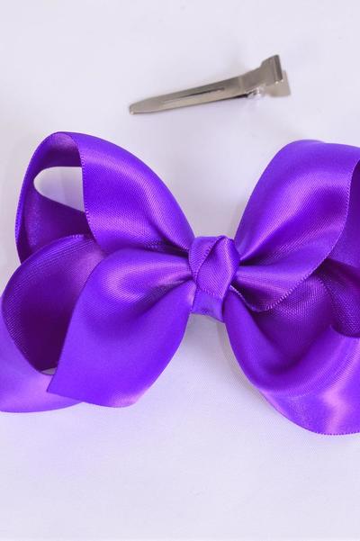 Hair Bow Large Satin Purple Bow-tie / 12 pcs = Dozen  Purple , Alligator Clip , Size - 4"x 3" Wide , Clip Strip & UPC Code