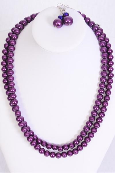 Necklace Sets Pearl 2 Strand Purple / Sets Purple , 18" Extension Chain , Hang Tag & OPP Bag