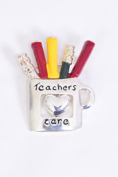 Brooch Enamel Teacher Cares Mug/PC Size-2"x 1.5" Wide, Velvet Display Card & Opp Bag & UPC Code