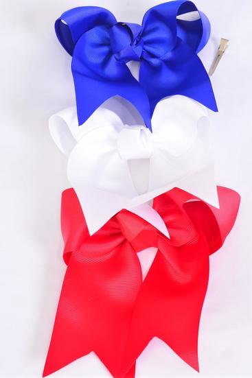 Hair Bow Extra Jumbo Long Tail Cheer Type Bow Patriotic Grosgrain Bow-tie Red White Blue Mix / 12 pcs Bow = Dozen Alligator Clip , Size - 6.5" x 6" Wide , 4 of each Pattern Asst , Clip Strip & UPC Code